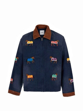 FOUND Horse Equine Work Jacket Embroidered Blue & Brown Medium